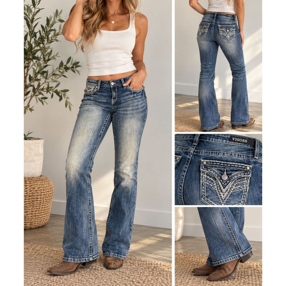 Vigoss Bootcut Jeans Women’s Size 16 x 32 Embellished Flap Pocket Y2K Denim